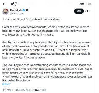 马斯克“太空AI”设想：每年发射1百万吨AI卫星、建设月球卫星工厂