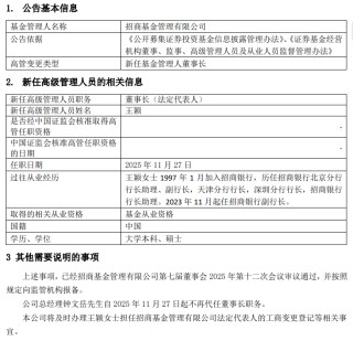 王颖新任招商基金董事长