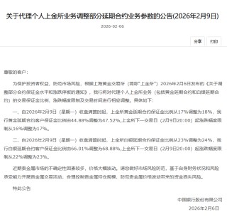 中国银行：2月9日起黄金延期合约客户保证金比例由44.88%调整为47.52%