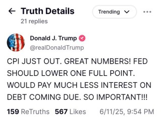 特朗普：CPI数据强劲 美联储应该降息100个基点