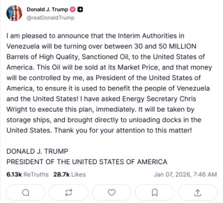 特朗普：委内瑞拉将向美国移交多达5000万桶石油