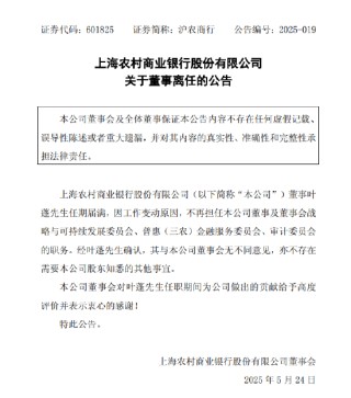 沪农商行：董事叶蓬因工作变动原因离任
