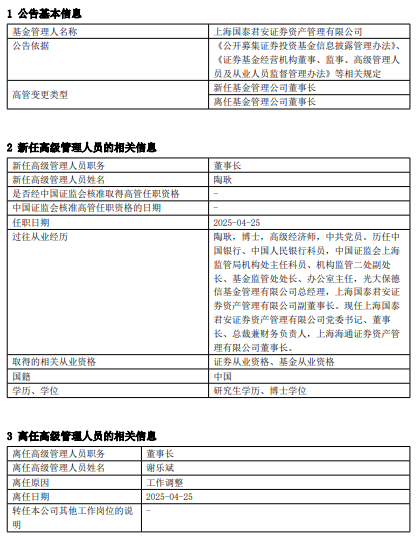 国泰君安资产管理高管变更：谢乐斌离任 新任陶耿为董事长  第1张