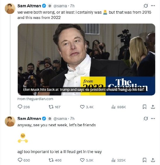 奥特曼向马斯克示好:让我们做朋友吧,AGI太重要了,别让小恩怨妨碍我们 第1张 奥特曼向马斯克示好:让我们做朋友吧,AGI太重要了,别让小恩怨妨碍我们 第1张