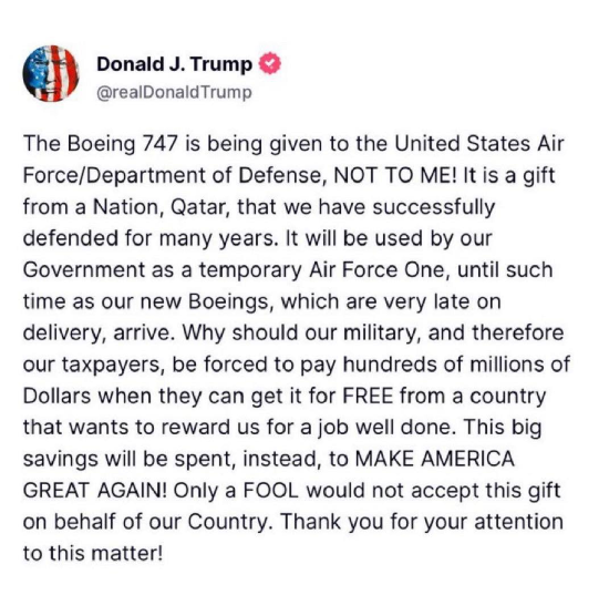 特朗普称波音747是卡塔尔赠送给美国而非其个人的  第1张
