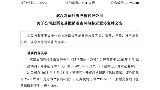 *ST农尚撤销退市风险警示,证券简称变更为“农尚环境” 第1张 *ST农尚撤销退市风险警示,证券简称变更为“农尚环境” 第1张