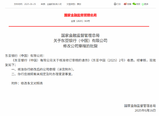 东亚银行（中国）获批修改公司章程  第1张