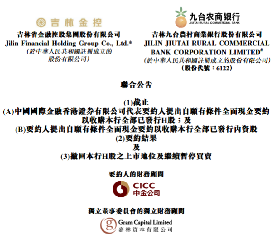 九台农商行：将于11月24日从港股退市  第1张