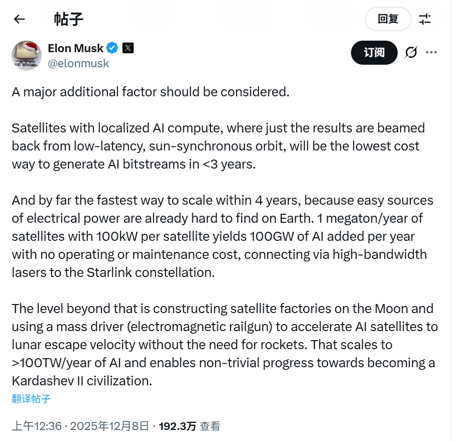 马斯克“太空AI”设想:每年发射1百万吨AI卫星、建设月球卫星工厂 第1张 马斯克“太空AI”设想:每年发射1百万吨AI卫星、建设月球卫星工厂 第1张