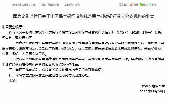 民生银行获批收购林芝民生村镇银行,进一步增加对其持股比例以便实施改制 第1张 民生银行获批收购林芝民生村镇银行,进一步增加对其持股比例以便实施改制 第1张