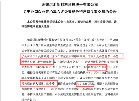 洪汇新材公开拍卖房宅豪车总成交超1700万，董助拿下469平米住宅，董秘配偶拍得小型越野车  第1张
