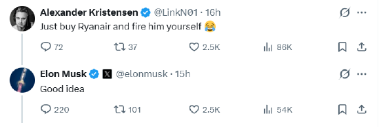 被骂是“有钱的白痴”，马斯克威胁收购瑞安航空并撤换其CEO  第2张