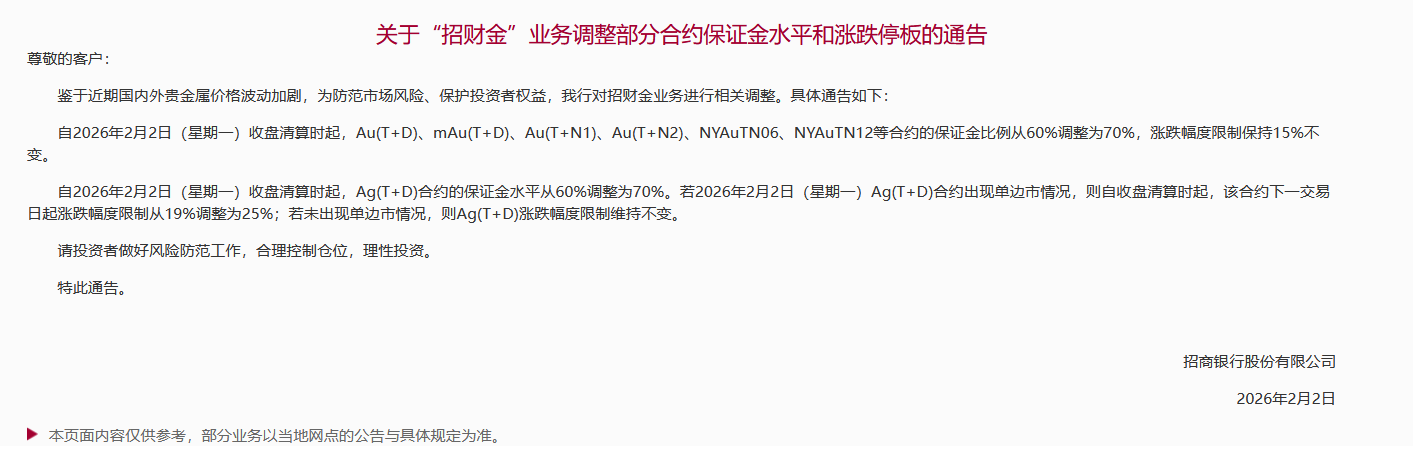 招商银行:“招财金”业务调整部分合约保证金水平和涨跌停板 第1张 招商银行:“招财金”业务调整部分合约保证金水平和涨跌停板 第1张
