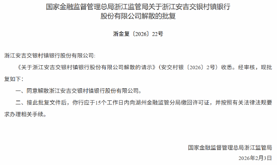 浙江安吉交银村镇银行获批解散  第1张