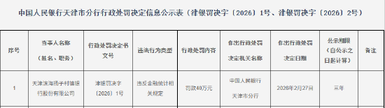 天津滨海扬子村镇银行被罚40万元：违反金融统计相关规定  第1张