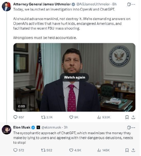 美国佛州总检察长宣布调查OpenAI,马斯克回应 第1张 美国佛州总检察长宣布调查OpenAI,马斯克回应 第1张
