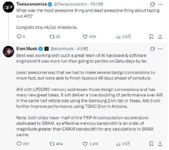 马斯克称AI5提前45天完成流片,AI6性能将翻倍 第1张 马斯克称AI5提前45天完成流片,AI6性能将翻倍 第1张